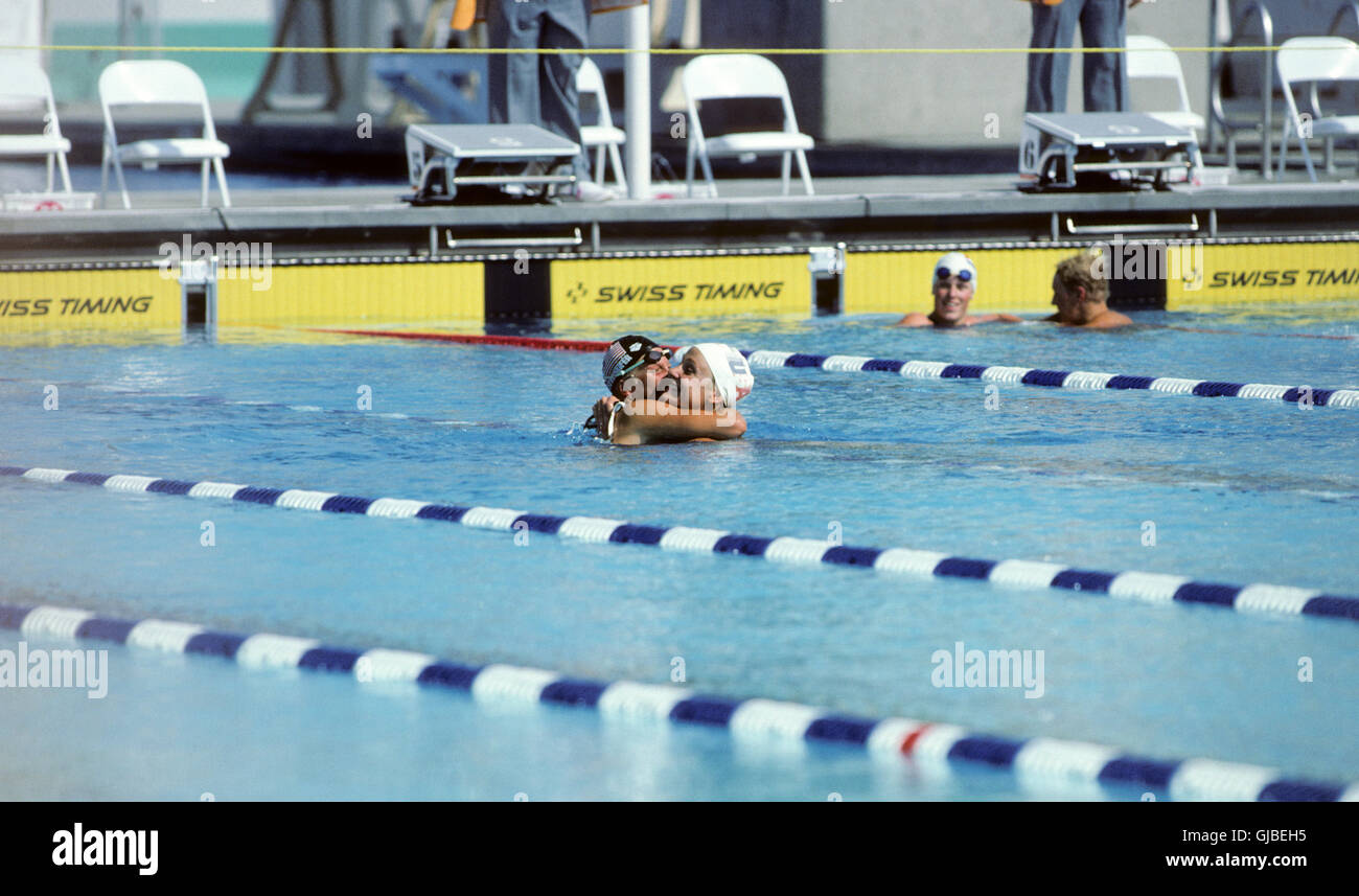 Kalifornien - Los Angeles - 1984 Olympischen Sommerspiele. USA Frauen schwimmen. Carrie Steinseifer, Nancy Hogshead, 100m Freistil Stockfoto