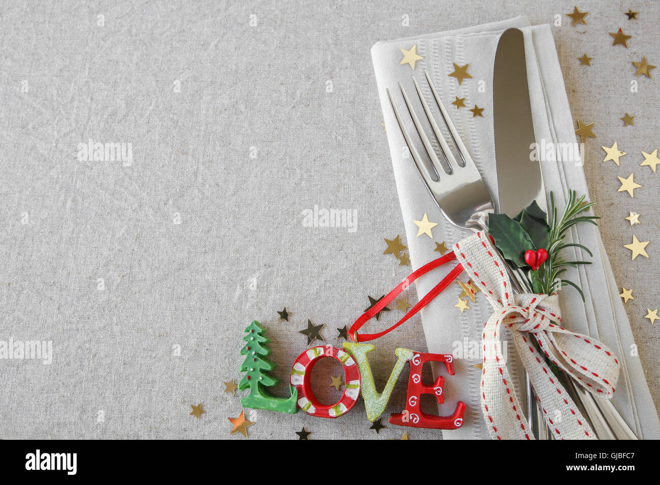 Weihnachten Tisch setzen, urlaub Kopie Raum Hintergrund Stockfoto