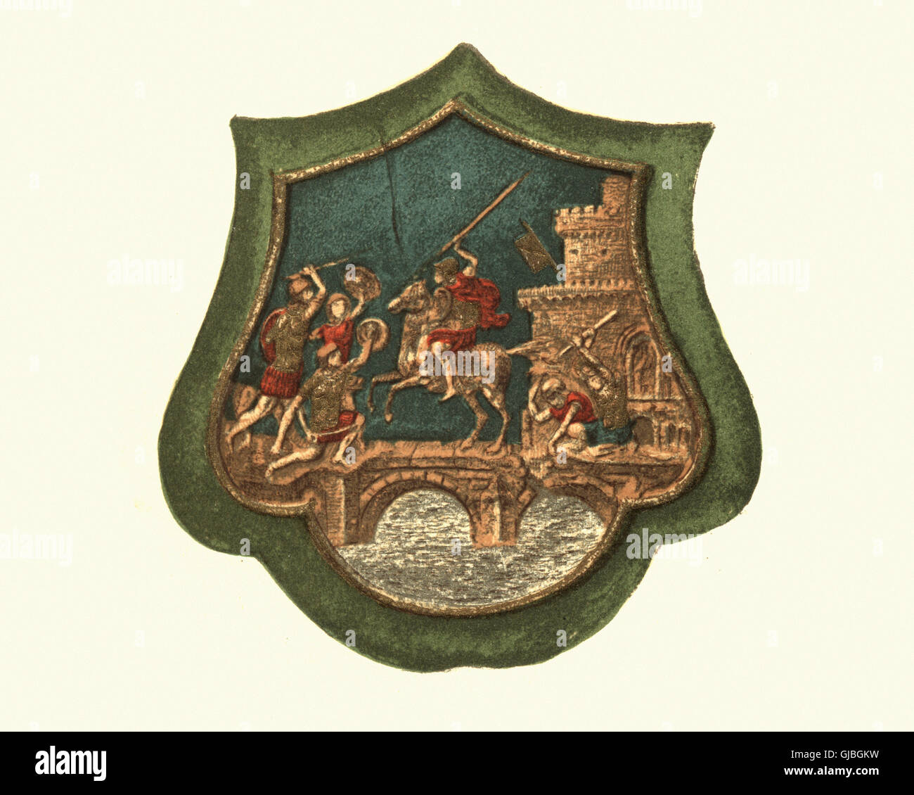 Horatius Cocles verteidigt die Brücke 15. Jahrhundert Plaque. Publius Cocles Cocles war ein Offizier in der Armee des antiken Rom Stockfoto