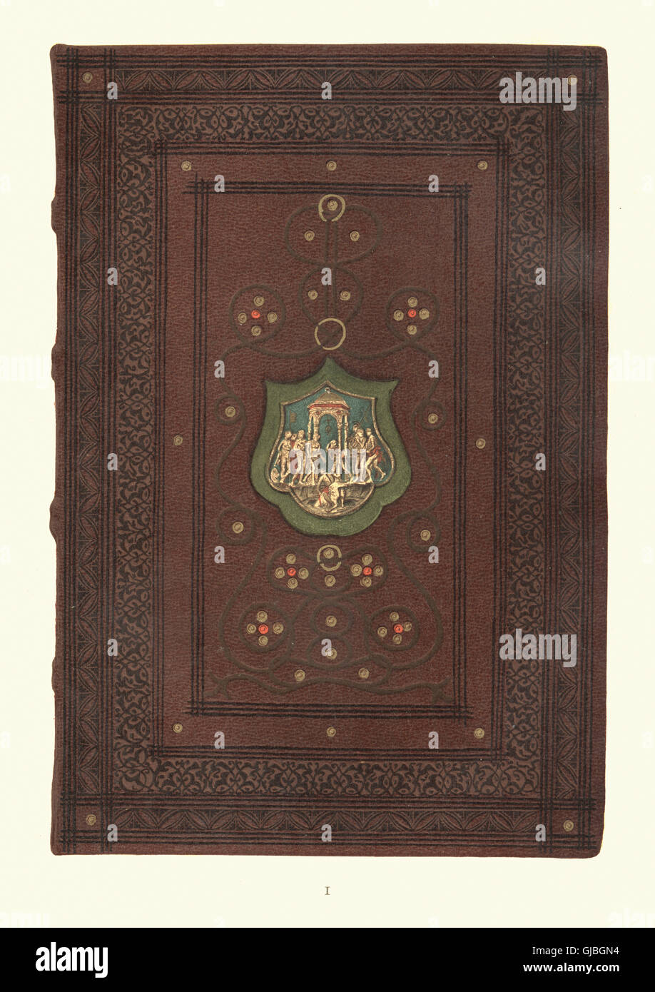 Farben-Lithographie der Bindung des mittelalterlichen Buches De Medicina von Celsus, 1497. Bibliographica. Stockfoto