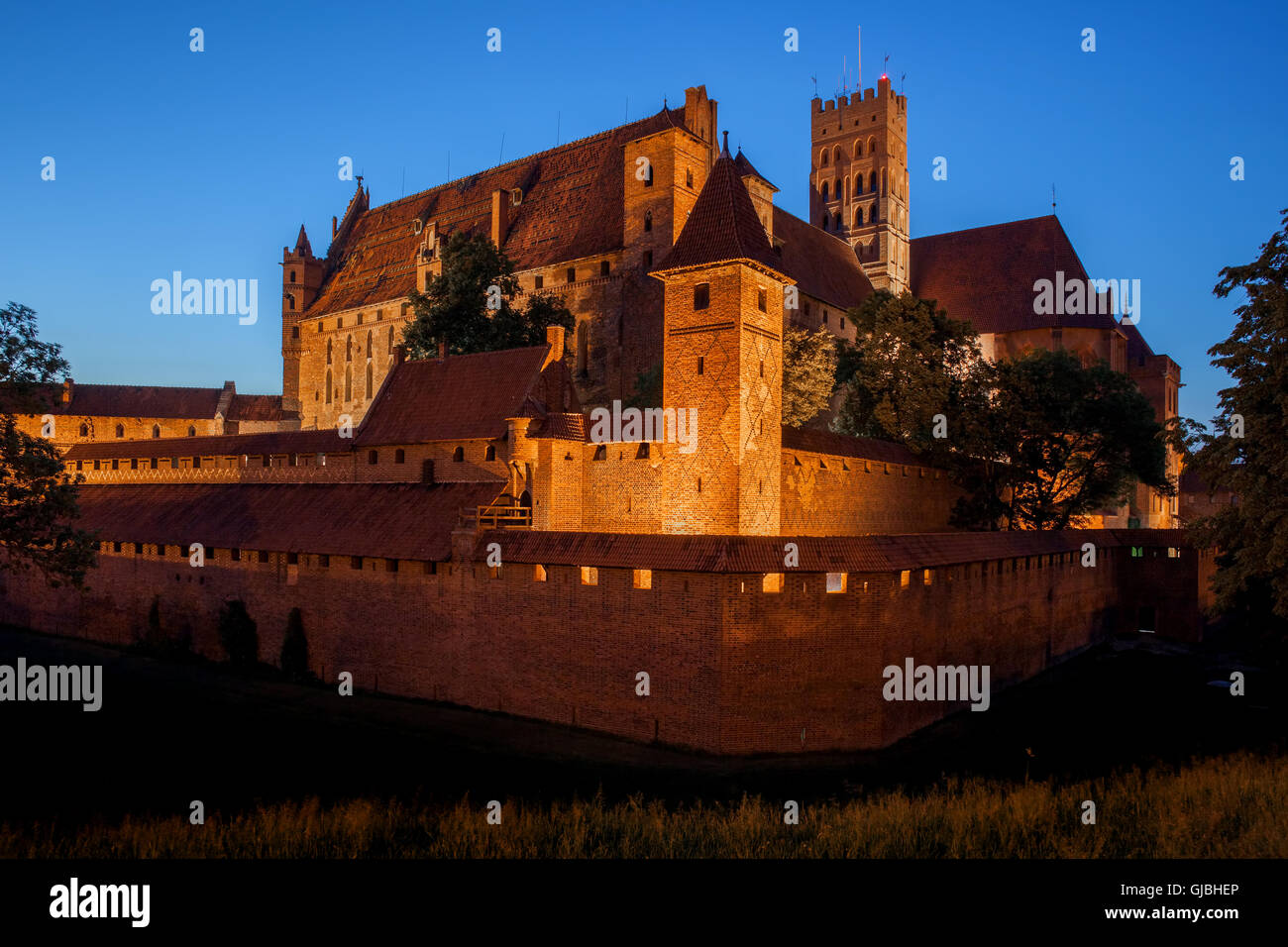 Marienburg bei Nacht in Polen, mittelalterliche Festung durch die Kreuzritter, die größte Burg der Ziegel in der Welt. Stockfoto