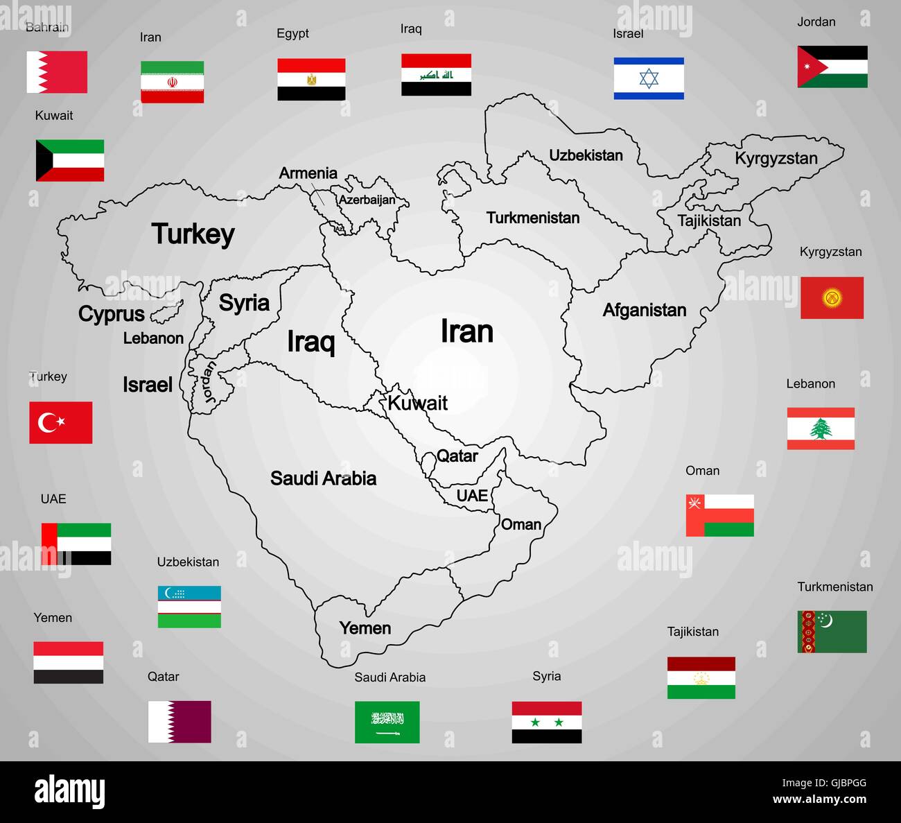Nahen Osten Vektorkarte Satz von Staaten und Flaggen. Länder-Sammlung-Vektor-Illustration. Asien-Symbol der Nahost-Staaten. Stock Vektor