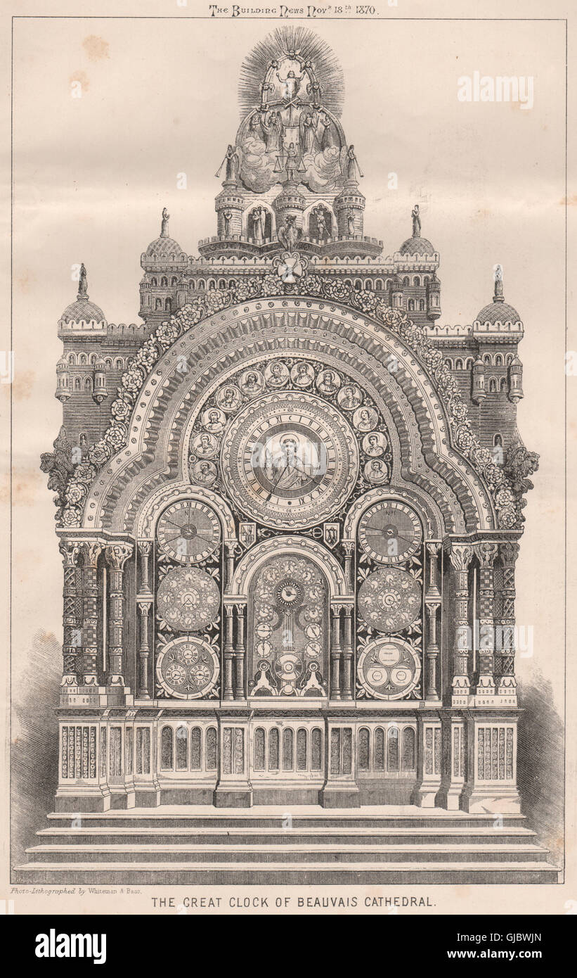 Die große Uhr von Beauvais Kathedrale. Oise, antiken print 1870 Stockfoto