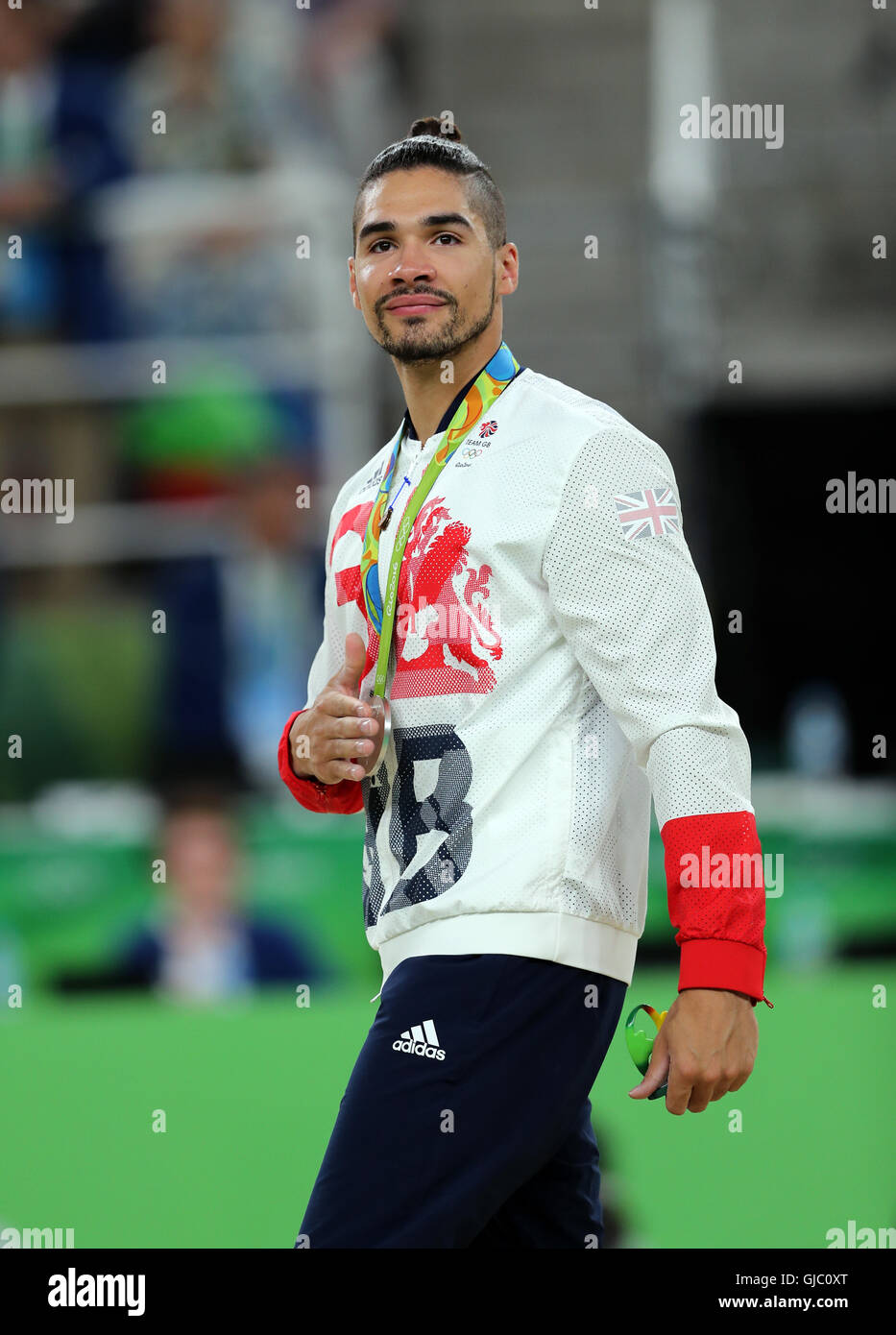 Großbritanniens Louis Smith behauptet eine Silbermedaille in der Herren Pauschenpferd Finale am neunten Tag der Olympischen Spiele in Rio, Brasilien. Stockfoto