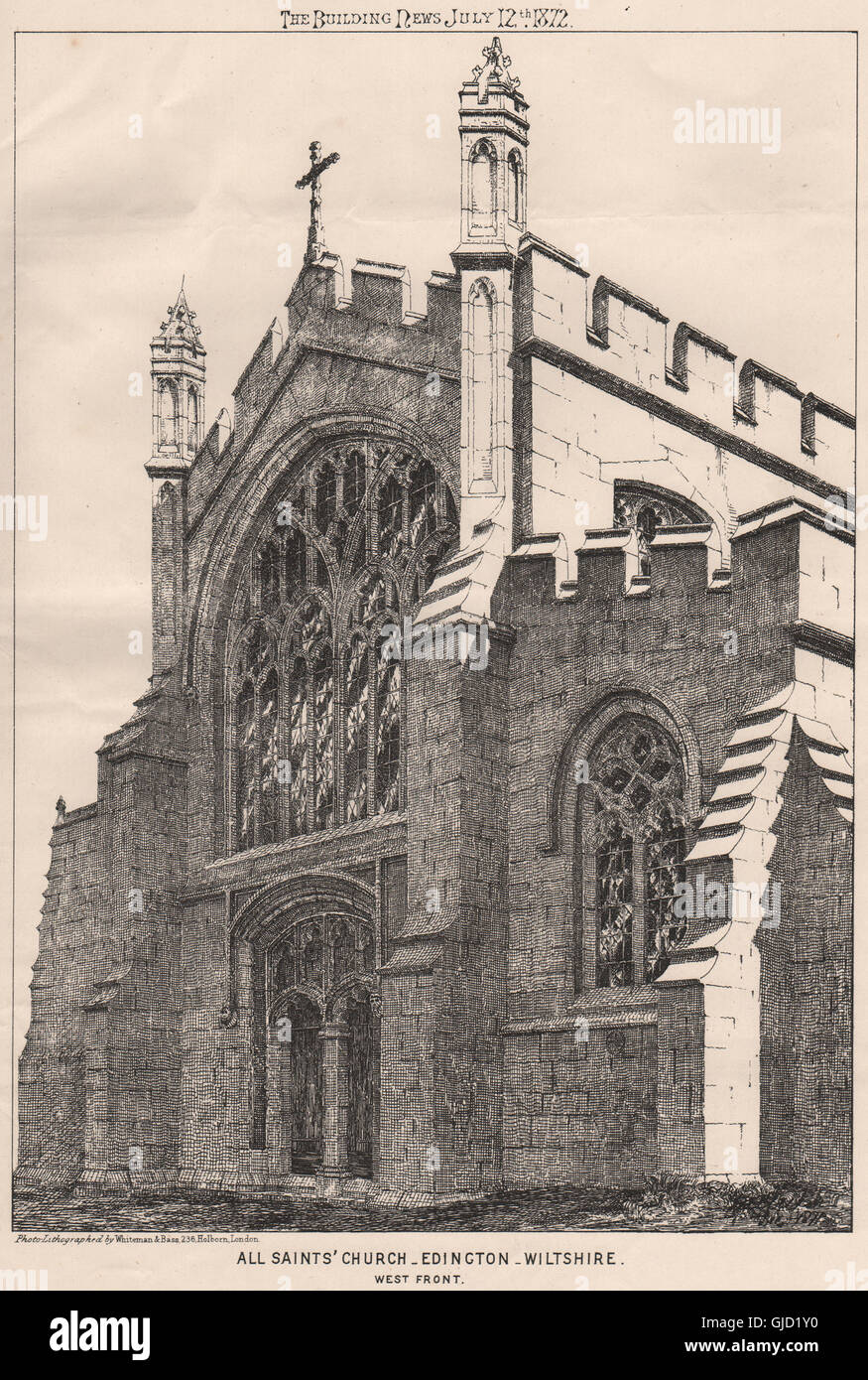 Allerheiligen Kirche, Edington, Wiltshire. West Fornt, antiken Druck 1872 Stockfoto