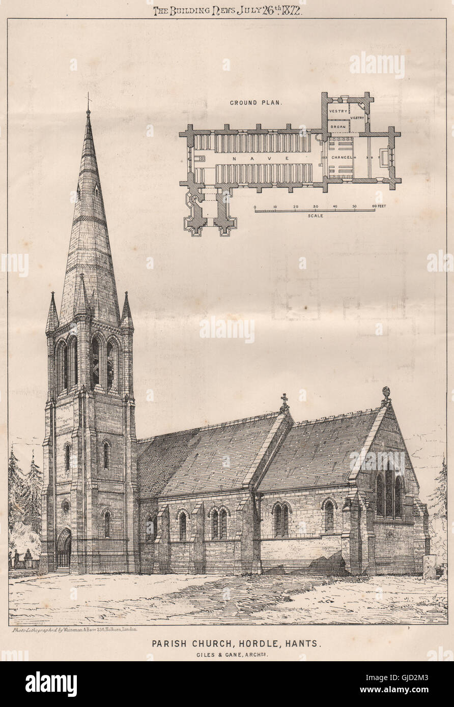 Pfarrkirche, Hordle, Hants; Giles & Cane, Architekten. Hampshire, print 1872 Stockfoto