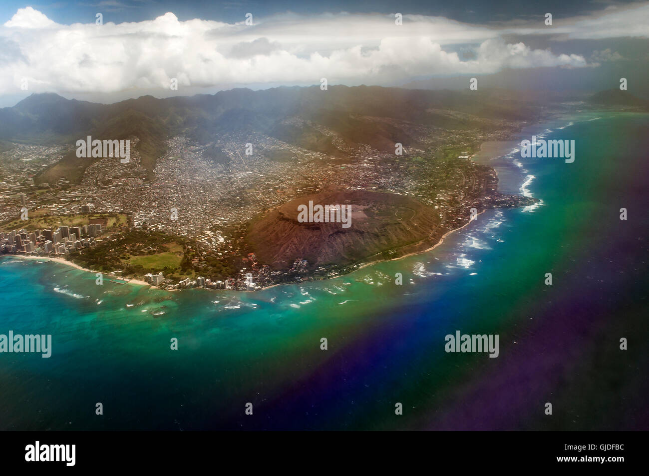 Luftaufnahme, Big Island, Hawaii, von einem Beifahrersitz aus bei einem regulären, kommerziellen Flug. Was jeder Besucher aus der Luft sieht. Stockfoto