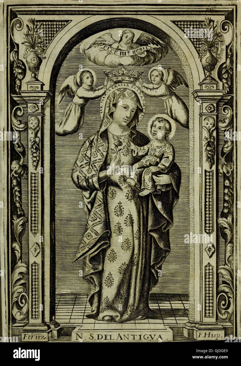 Diese historische Illustration aus einer alten Handschrift beschreibt die wundersamen Ursprünge des Bildes unserer Lieben Frau von der Antike in der Metropolitan- und Patriarchalkirche von Sevilla. Das Kunstwerk enthält eine detaillierte Darstellung der neuen Verzierungen der prächtigen Kapelle, die das komplizierte Design und die Kalligraphie der Zeit einfangen. Stockfoto