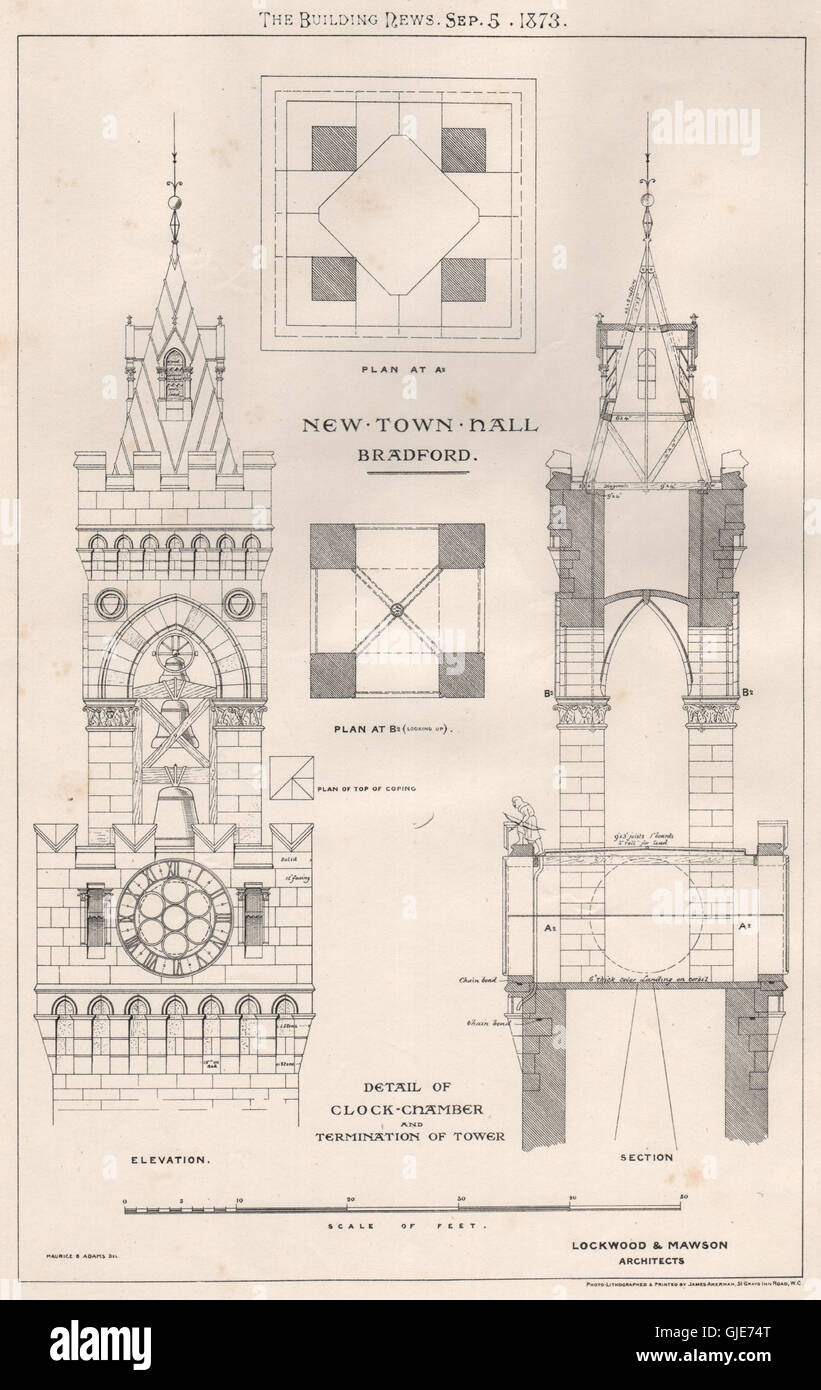 Bradford Rathaus; Uhr-Kammer & tower; Lockwood & Mawson Architekten, 1873 Stockfoto