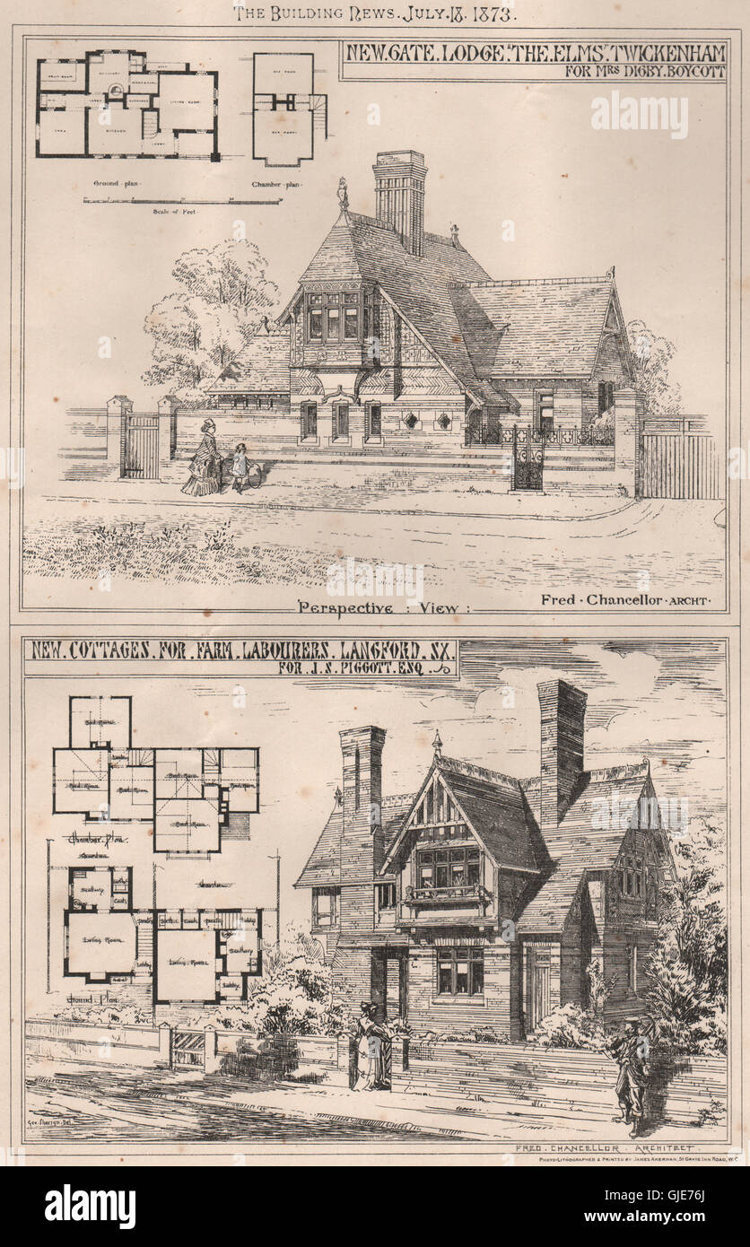 Torhaus, The Elms, Twickenham (Boykott); Bauernhof Hütten, Langford, Essex, 1873 Stockfoto