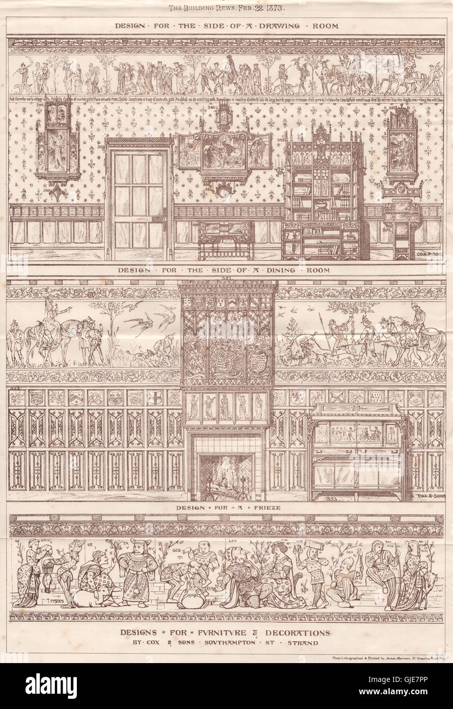 Speisesaal Fries Dekorationen Möbelentwürfe von Cox & Söhne, alten Drucken 1873 Stockfoto