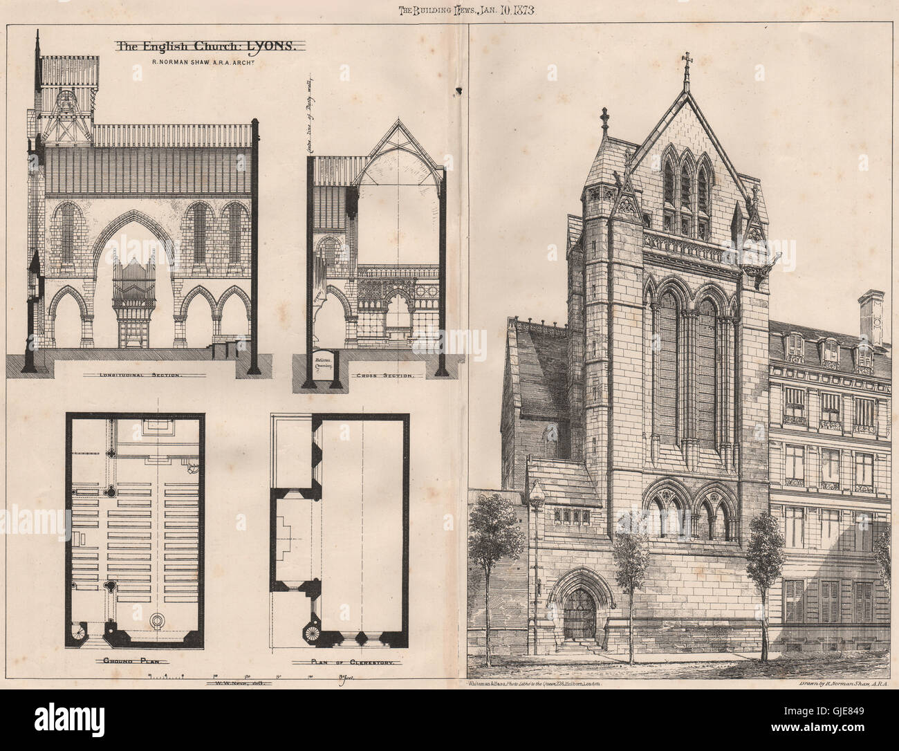 Die englische Kirche, Lyon; R. Norman Shaw A.R.A Architekt. Rhône, print 1873 Stockfoto