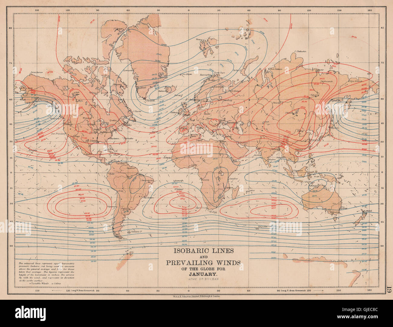 WELT. Isobaren Linien & vorherrschenden Winde des Globe.January.JOHNSTON, 1906-Karte Stockfoto
