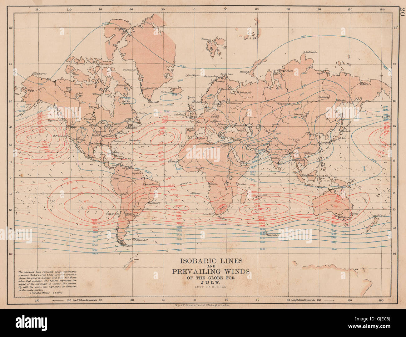 WELT. Isobaren Linien & vorherrschenden Winde der Welt. Juli. JOHNSTON, 1906-Karte Stockfoto