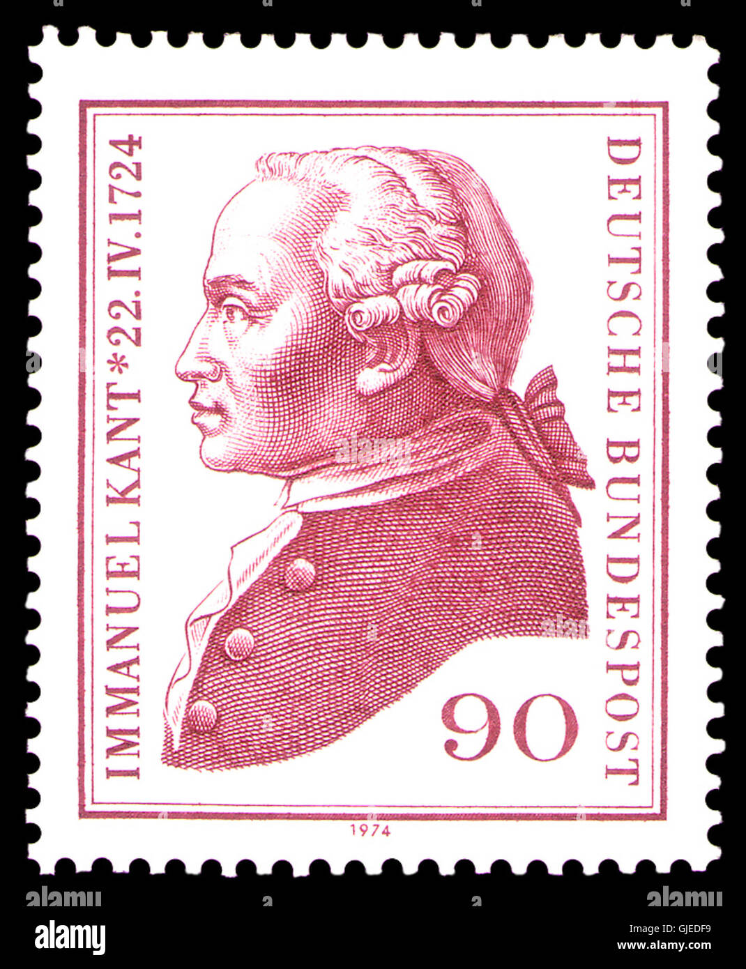 Die Pfennig-Marke DBP 1974 90 gedenkt an den 250. Geburtstag von Immanuel Kant, einer Schlüsselfigur der Philosophie. Es trägt einen Stempel aus dem Jahr der Ausgabe. Stockfoto