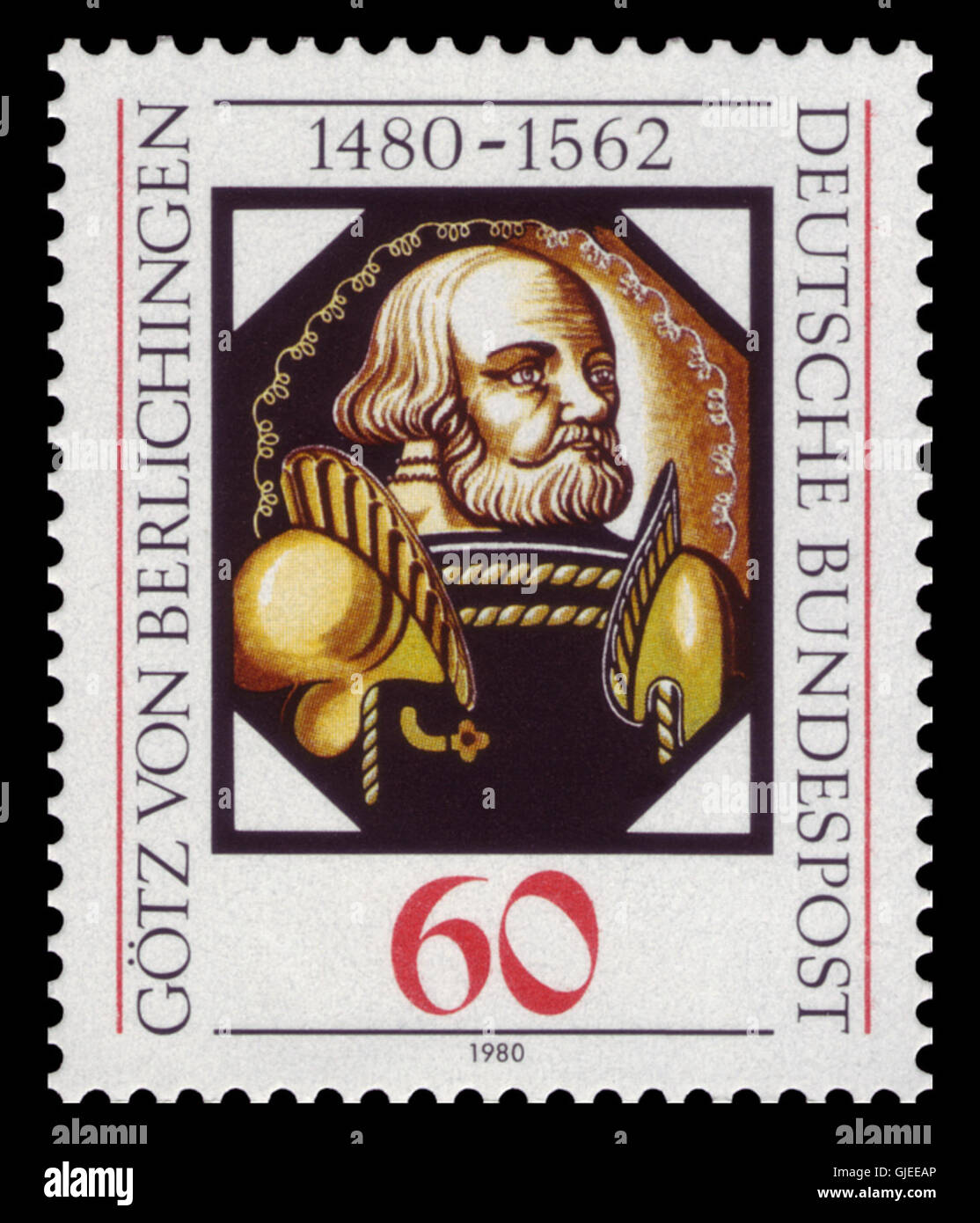 Die 1980 DBP 1036 Götz von Berlichingen gedenkt an den legendären deutschen Ritter und Dichter, der für seine literarischen und geschichtlichen Beiträge bekannt ist. Dieser Stempel wurde im Rahmen der Bemühungen Deutschlands um die Anerkennung einflussreicher historischer Persönlichkeiten ausgegeben. Stockfoto