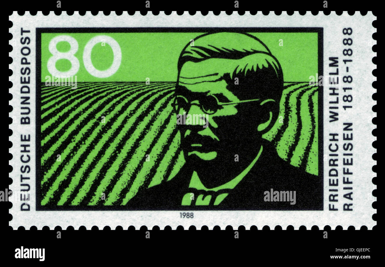 Die westdeutsche Marke DBP 1988 1358, ausgestellt 1988 zum Gedenken an Friedrich Wilhelm Raiffeisen, einen deutschen Pionier der ländlichen Kreditverbände. Stockfoto