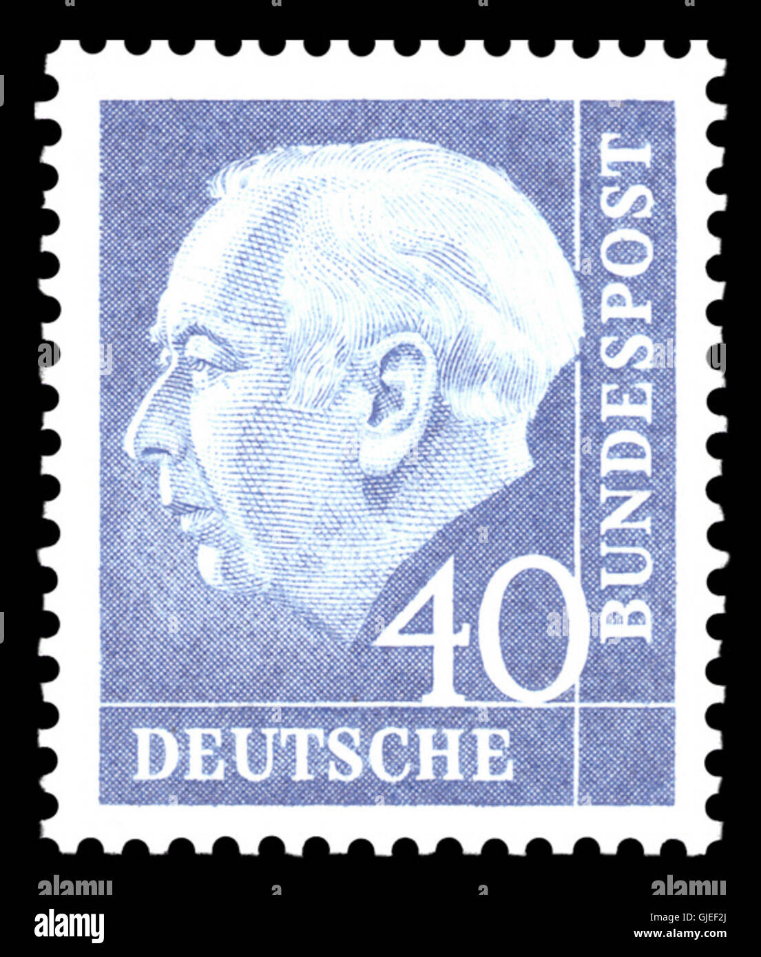Die 1957 DBP 260 Heuss blautöne 40 PF-Marke zeigt ein Porträt von Theodor Heuss, dem ersten Bundespräsidenten der Bundesrepublik Deutschland. Sie spiegelt die Nachkriegszeit und die Rolle Heusses in der frühen Bundesrepublik wider. Stockfoto