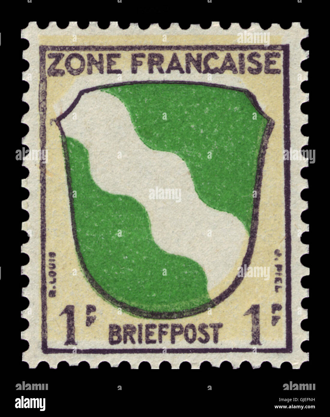 Dieser Stempel wurde 1945 während der französischen Besetzung des Rheinlandes ausgestellt und zeigt das Wappen des Rheinlandes. Es war Teil einer Serie zur Erinnerung an die Erholung und den Wiederaufbau der Region nach dem Zweiten Weltkrieg unter französischer Verwaltung. Die Briefmarke trägt das Postzeichen der Französischen Zone. Stockfoto