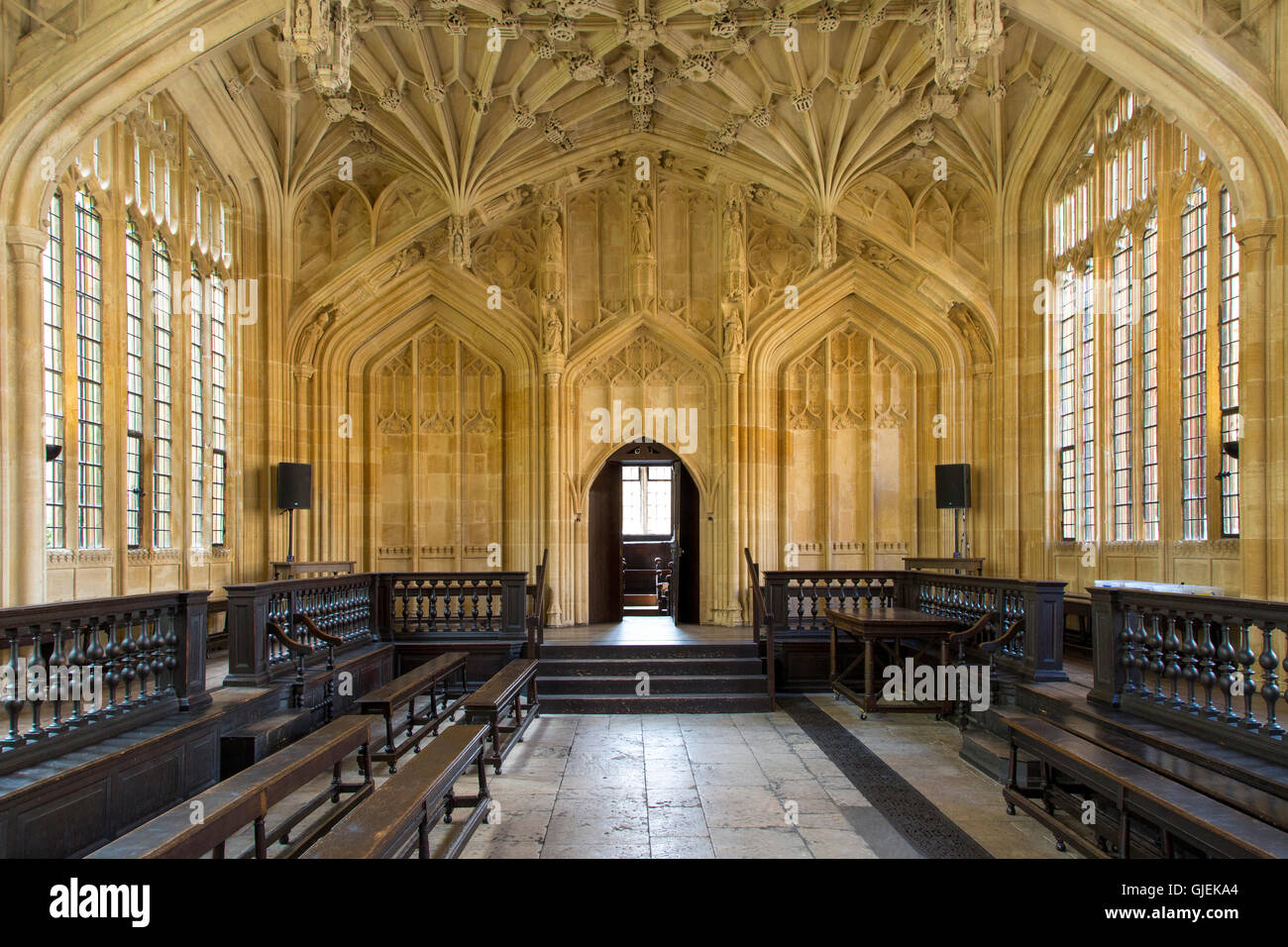 Innenraum der Divinity School - 1488 erbaut, Teil der aktuellen Bodleian Libraries, Oxford, Oxfordshire, England Stockfoto