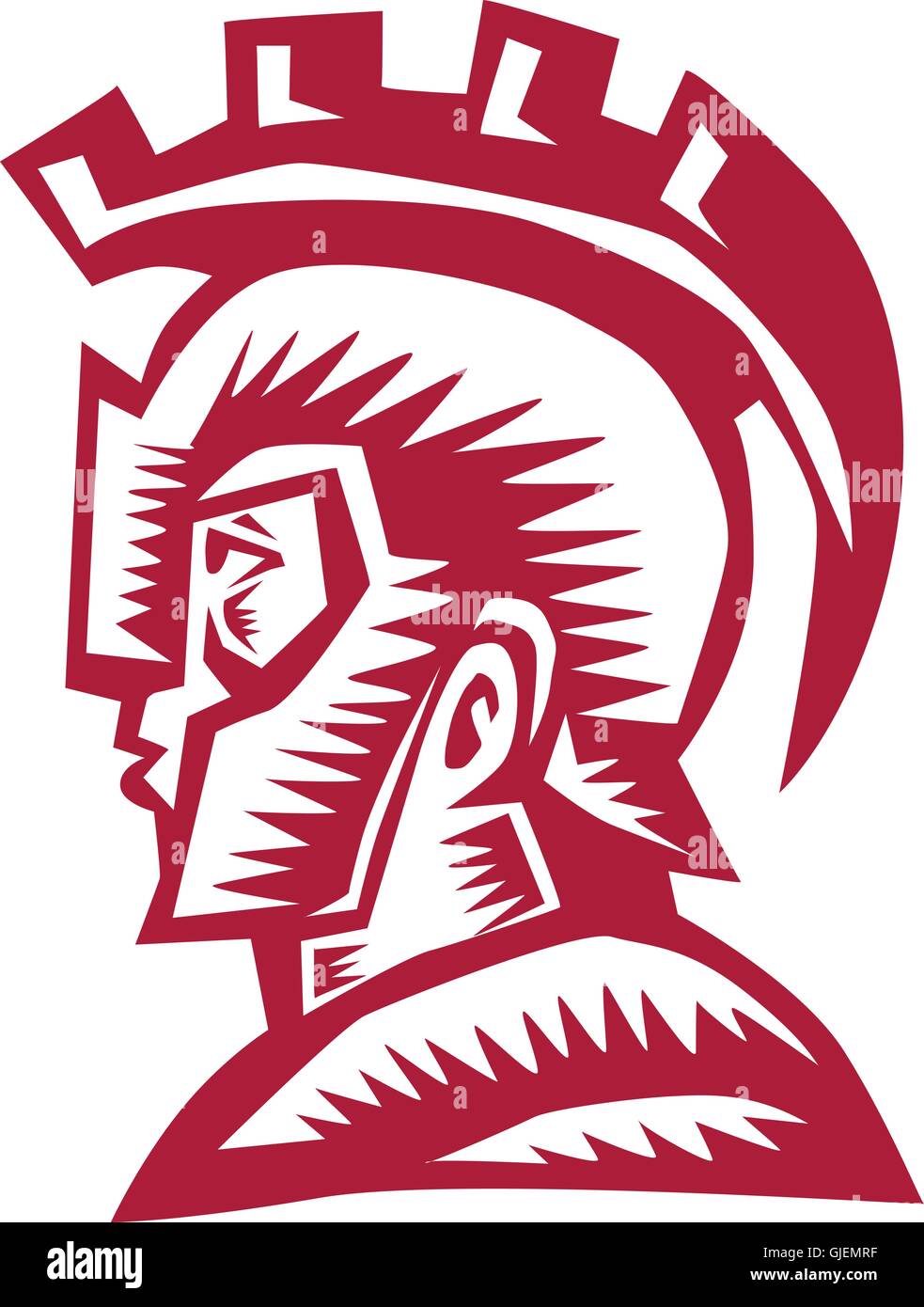 Illustration der spartanischen Krieger Helm und Schild betrachtet die Seite am isolierten weißen Hintergrund in Retro-Holzschnitt Stil getan. Stock Vektor