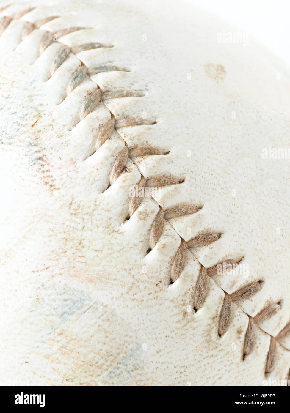 Makroaufnahme von Leder Baseball mit Ziernähten Stockfoto