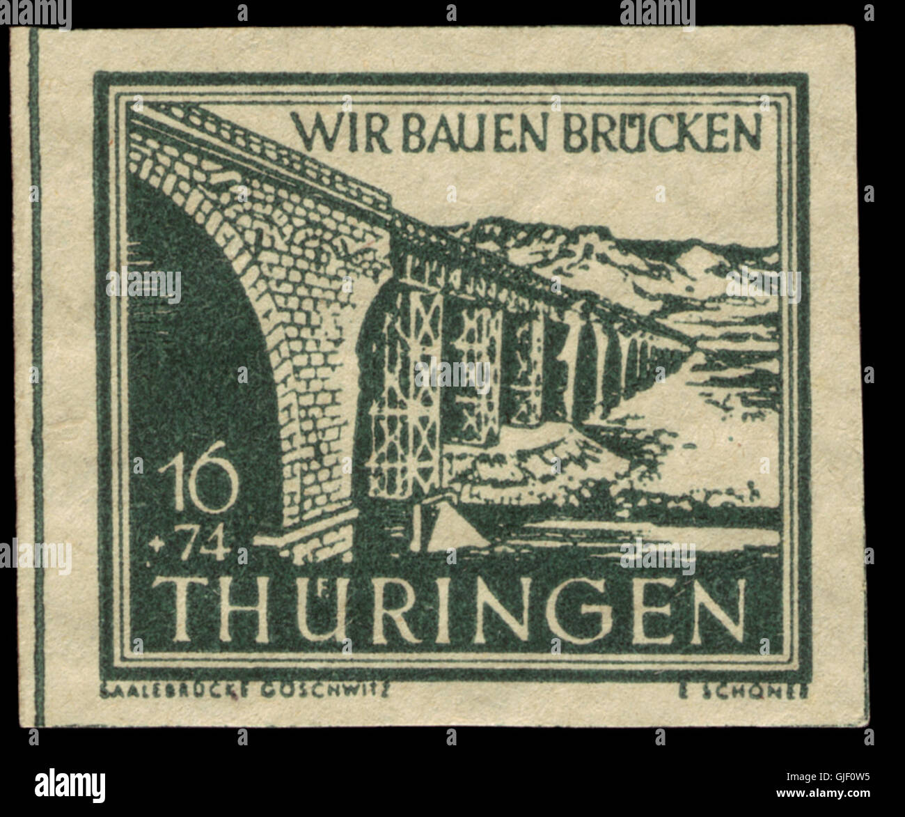 Die 1946 erscheinende SBZ Thüringen 114 Wiederaufbau-Marke wurde in der sowjetischen Besatzungszone Deutschlands ausgegeben und erinnert an den Wiederaufbau der Region nach dem Zweiten Weltkrieg Stockfoto