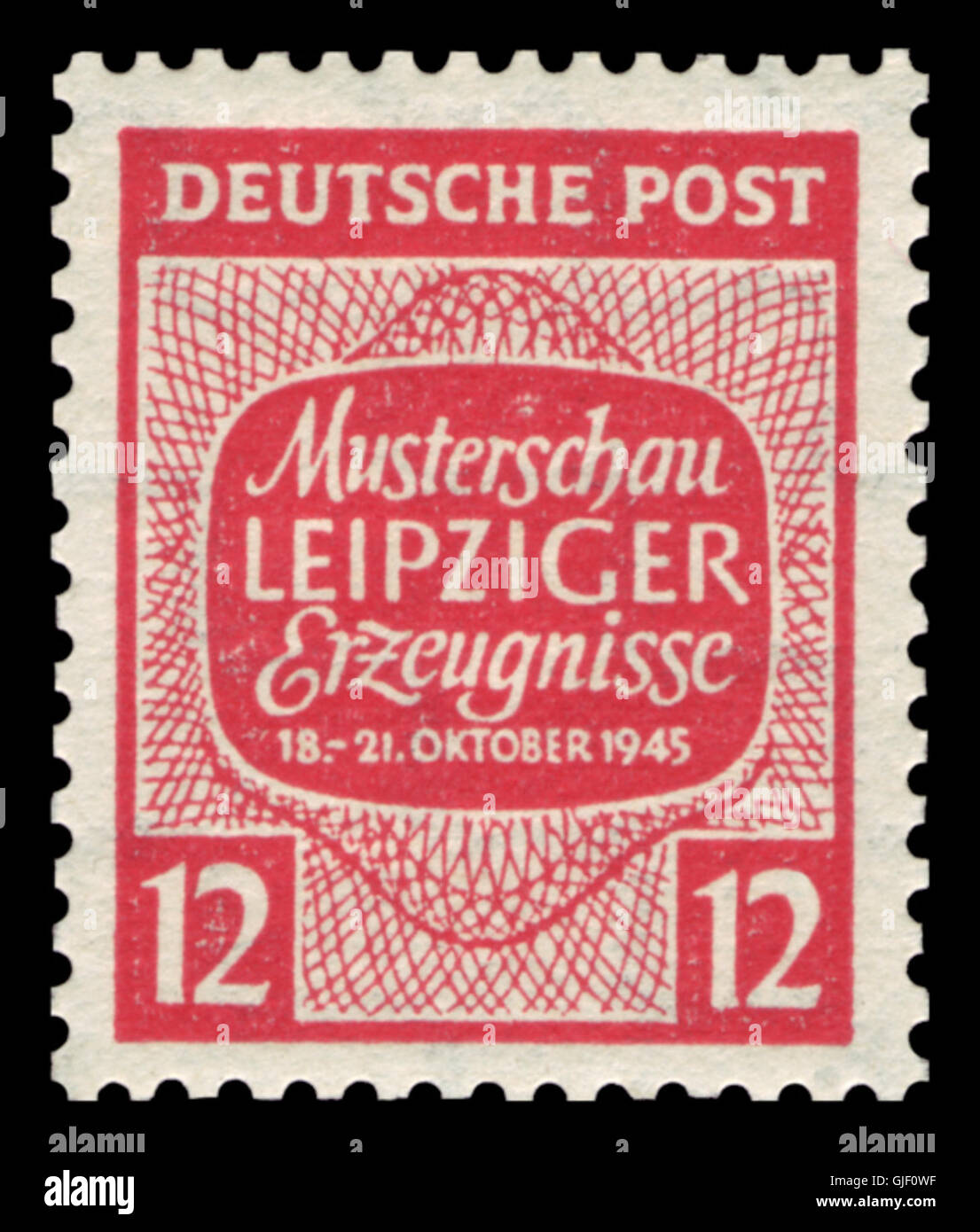 Die Marke SBZ West-Sachsen 125 wurde 1945 während der Zeit der sowjetischen Besatzung in Deutschland nach dem Zweiten Weltkrieg ausgegeben. Die Marke war Teil einer Serie zur Musterschau in der sowjetisch kontrollierten Region West-Sachsen, in der lokale Kunst und Industrie gezeigt werden. Stockfoto