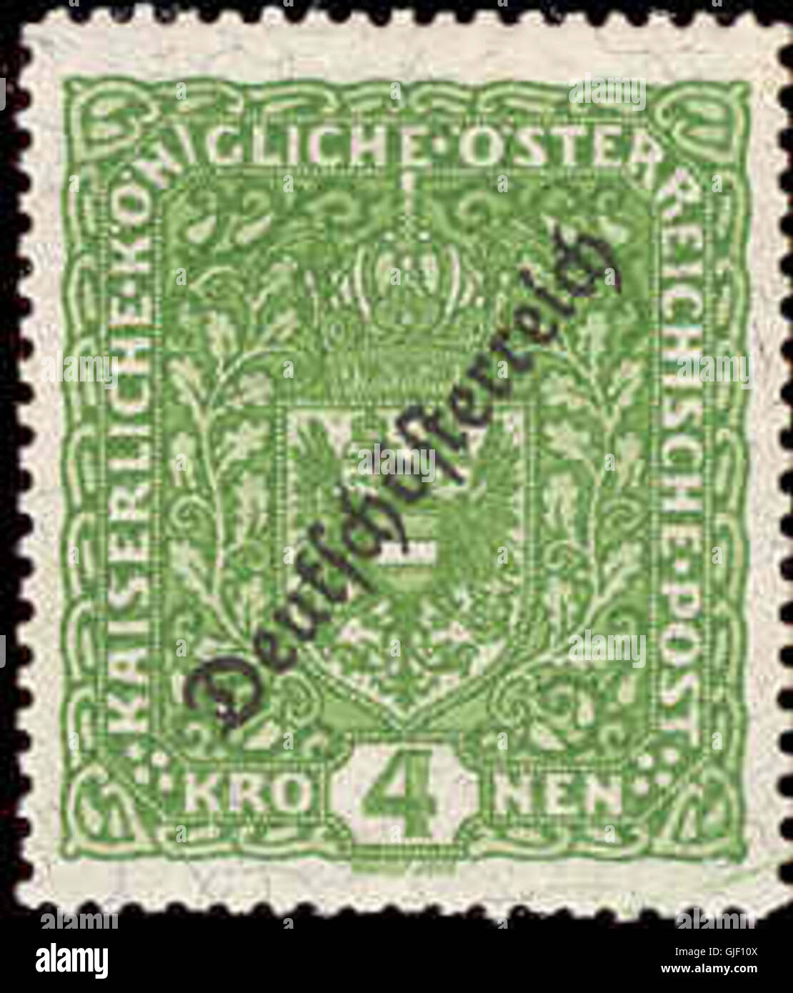 Die Deutsch ™-Briefmarke 1918 wurde nach dem Ersten Weltkrieg ausgegeben und markiert damit ein bedeutendes Jahr in der deutschen Postgeschichte. Sie enthält ein Poststempelzeichen aus der Periode. Stockfoto