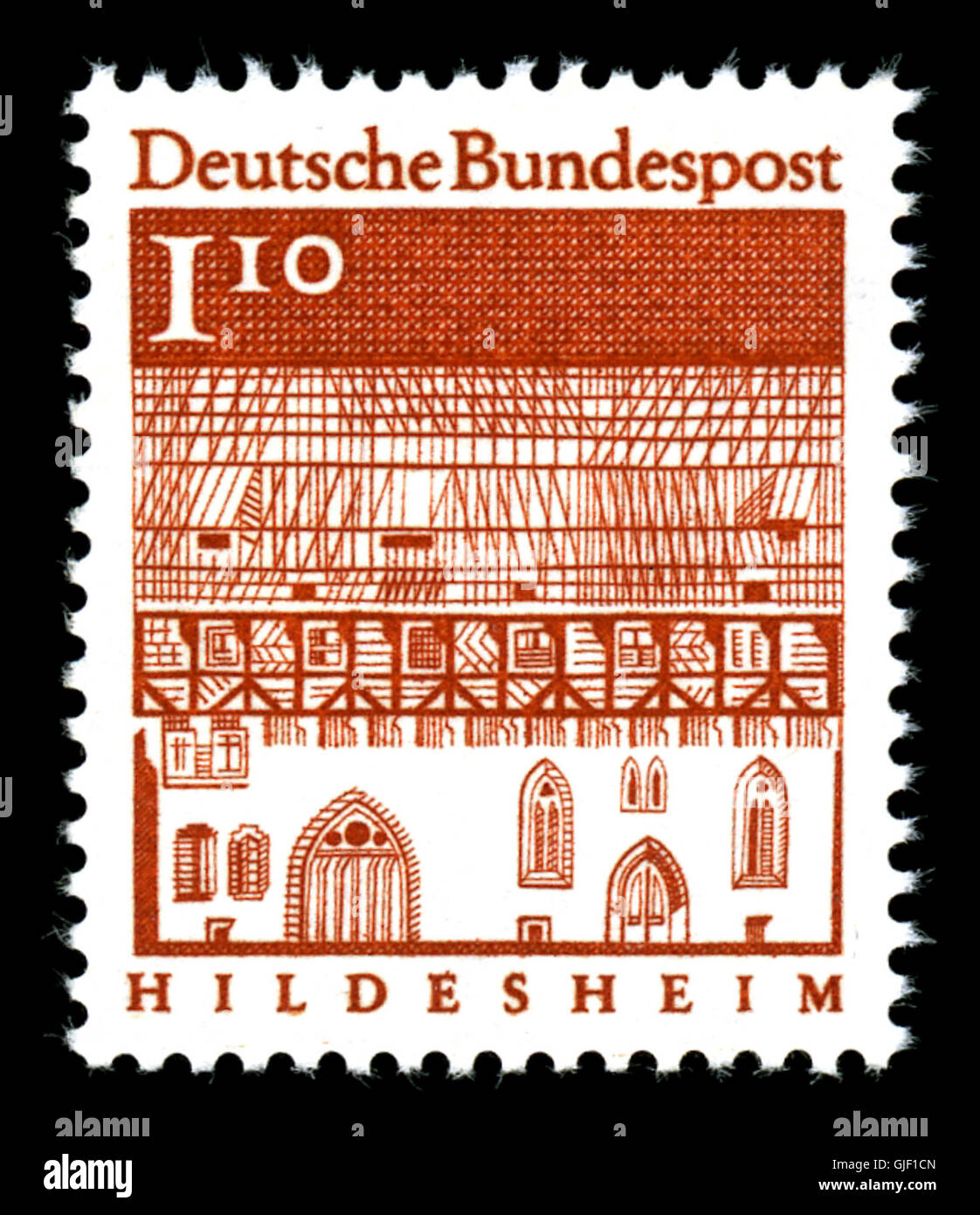 Die Deutsche Bundespost 1,10 Deutsche Mark ist Teil der Reihe Deutsche Bauwerke mit ikonischer deutscher Architektur. Es beleuchtet die kulturellen Wahrzeichen des Landes und sein architektonisches Erbe. Stockfoto