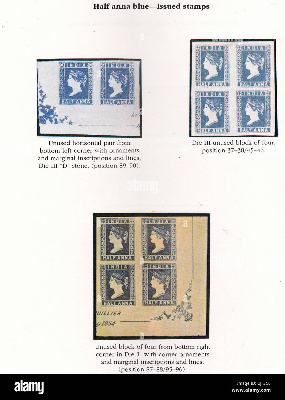 Geschichte des ersten Freimarke mit Snap Stempel Issed in Indien ausgestellt. Stempel einer Ana. Stockfoto
