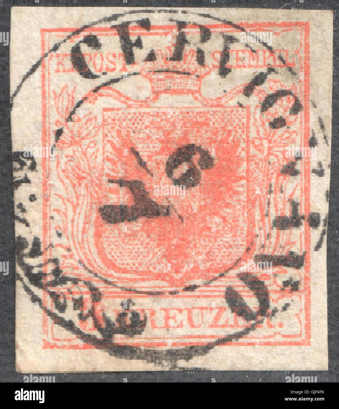 Österreich 1850 3Kr Ib Bütten CERVIGNANO Stockfoto