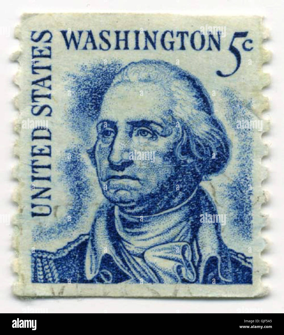 Die US 5c Washington-Briefmarke von 1966 zeigt ein Porträt von George Washington. Es wurde zu Ehren des ersten Präsidenten der Vereinigten Staaten herausgegeben und ist ein bemerkenswertes Beispiel für US-Porto. Stockfoto