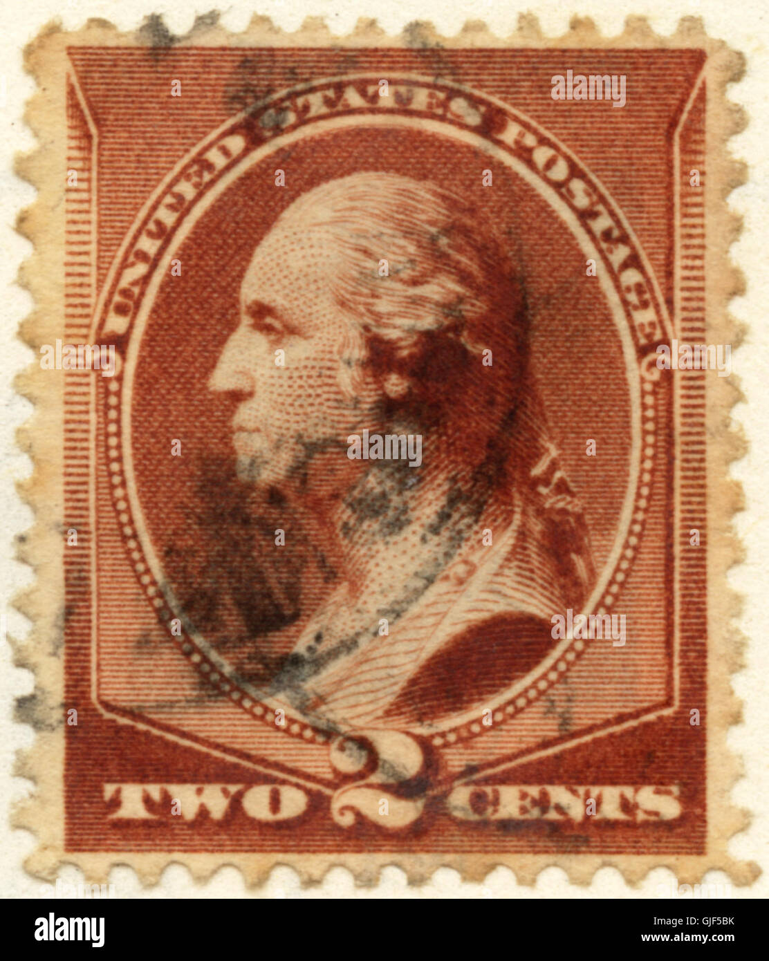 Die US-Briefmarke 1883 ist eine klassische US-Briefmarke mit einem Porträt von George Washington. Dieser Stempel wird von Philatelisten gesammelt und ist Teil der frühen US-Postgeschichte. Stockfoto