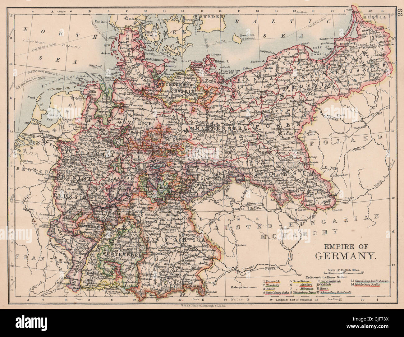 REICH VON DEUTSCHLAND. Staaten. Preußen Bayern Elsass-Lothringen. JOHNSTON, 1906-Karte Stockfoto