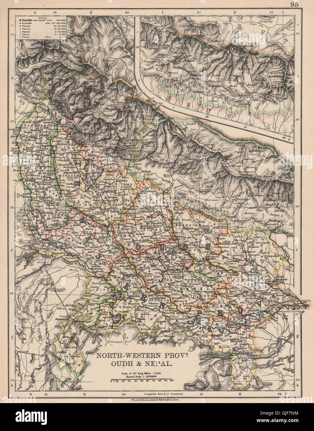 Karte von Britisch-Indien N.North-westlichen Provinzen Oudh & Nepal.Railways.JOHNSTON, 1906 Stockfoto