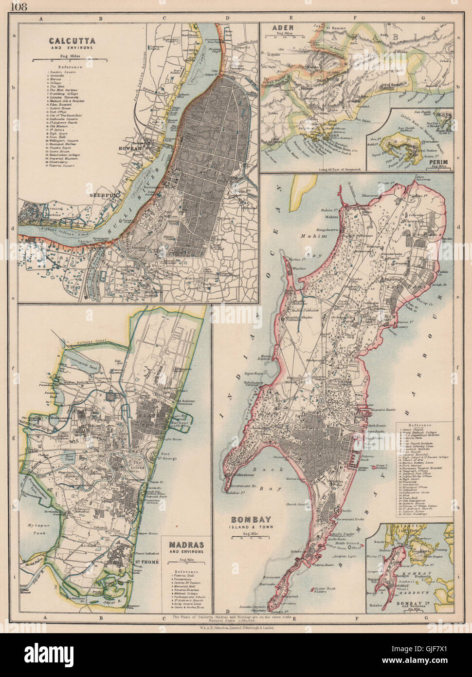 BRITISCH-INDIEN-STÄDTE. Calcutta(Kolkata)Madras(Chennai)Bombay(Mumbai), 1906-Karte Stockfoto