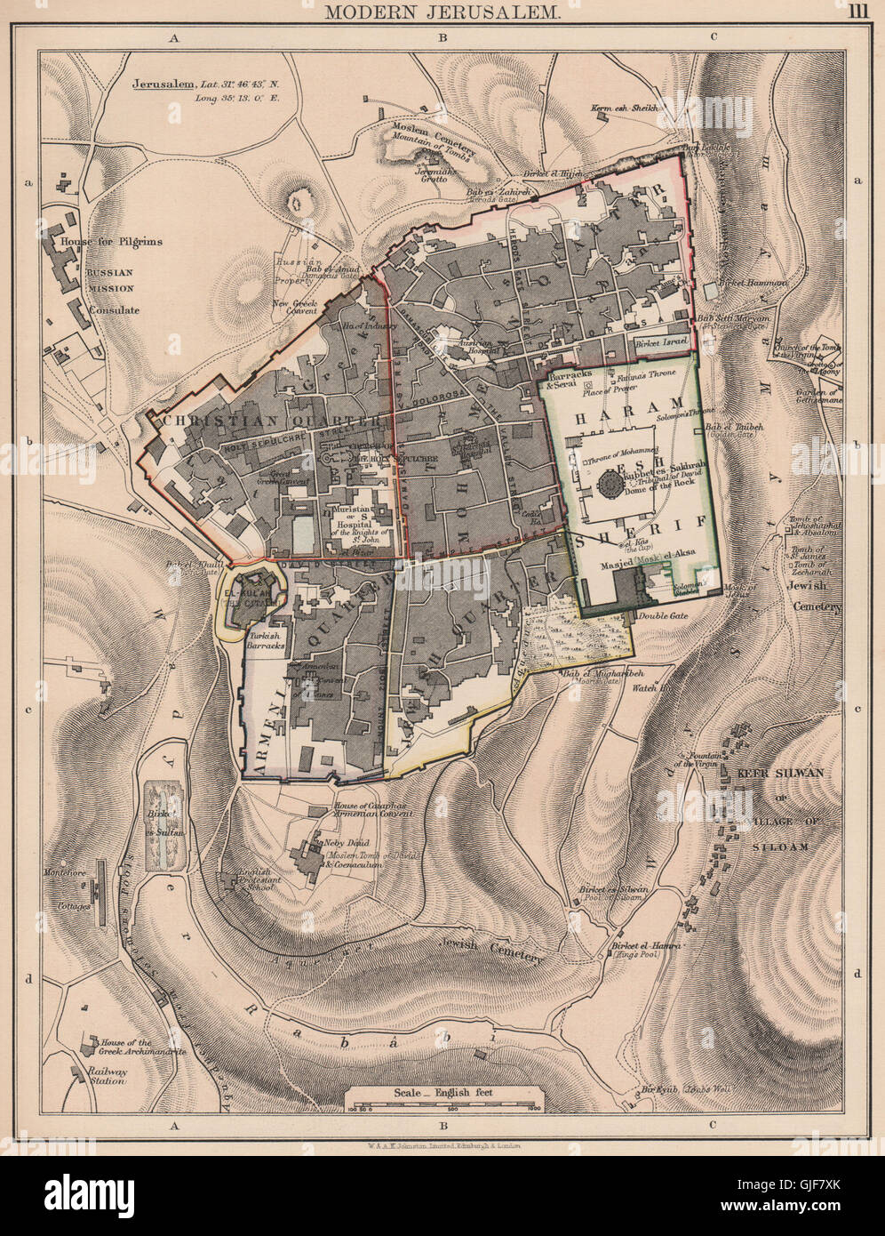 JERUSALEM. Stadtplan zeigt christlichen armenischen jüdischen & muslimischen Viertel 1906 Karte Stockfoto