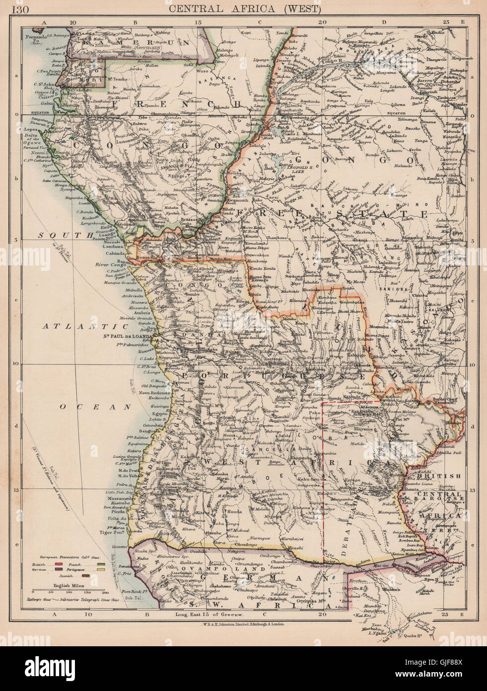 KOLONIALEN ZENTRALAFRIKA. Französisch-Kongo Free State Portugiesisch Westafrika 1906 Karte Stockfoto
