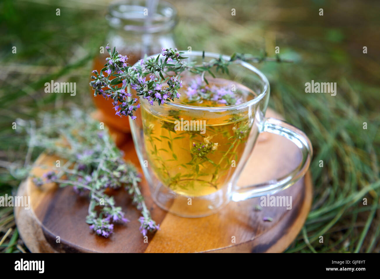 Tee mit wildem Thymian im Freien. Stockfoto