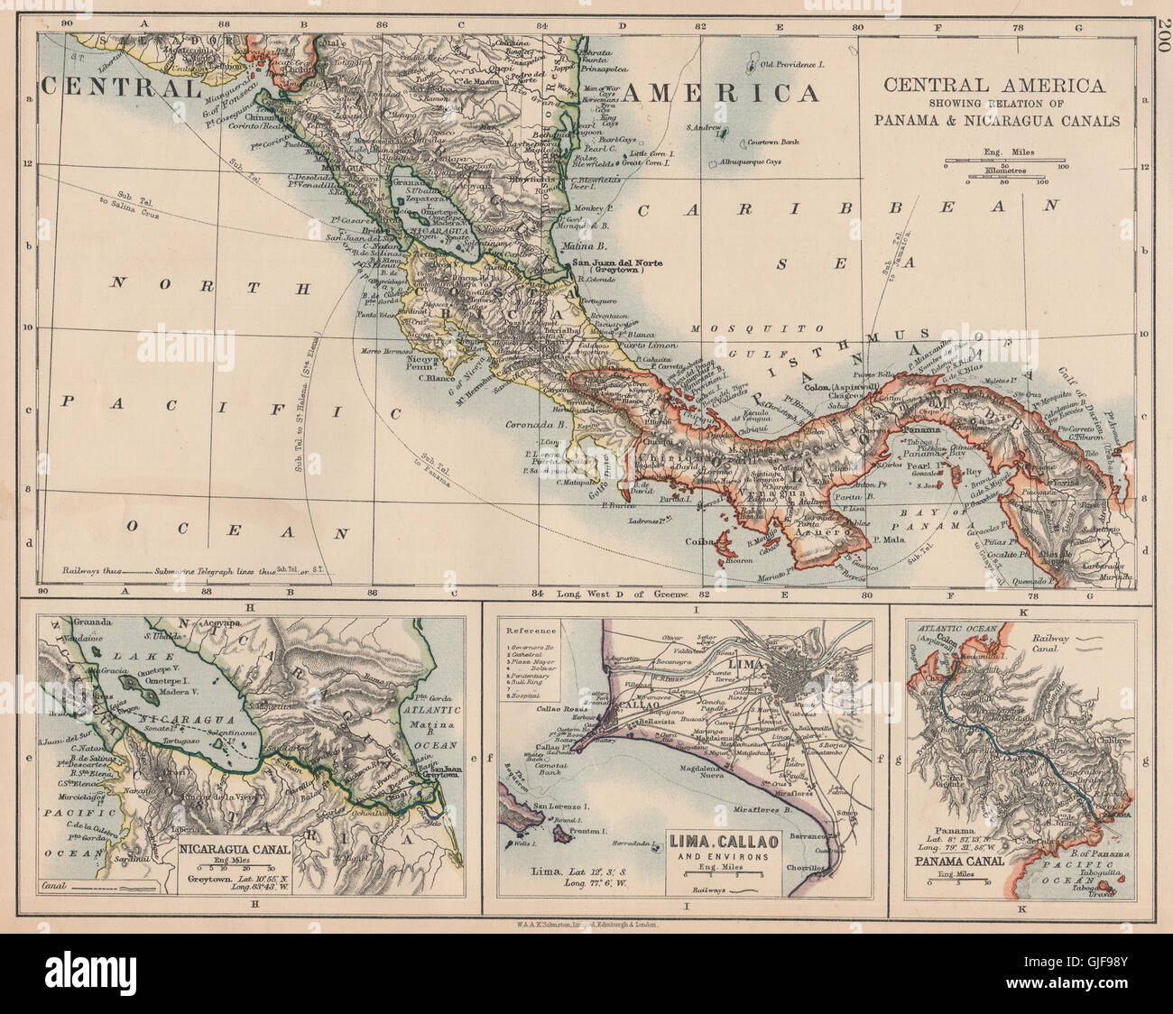 JHDT. AMERIKA. Panama Nicaragua Canals.Lima Callao Costa Rica.JOHNSTON, 1906-Karte Stockfoto