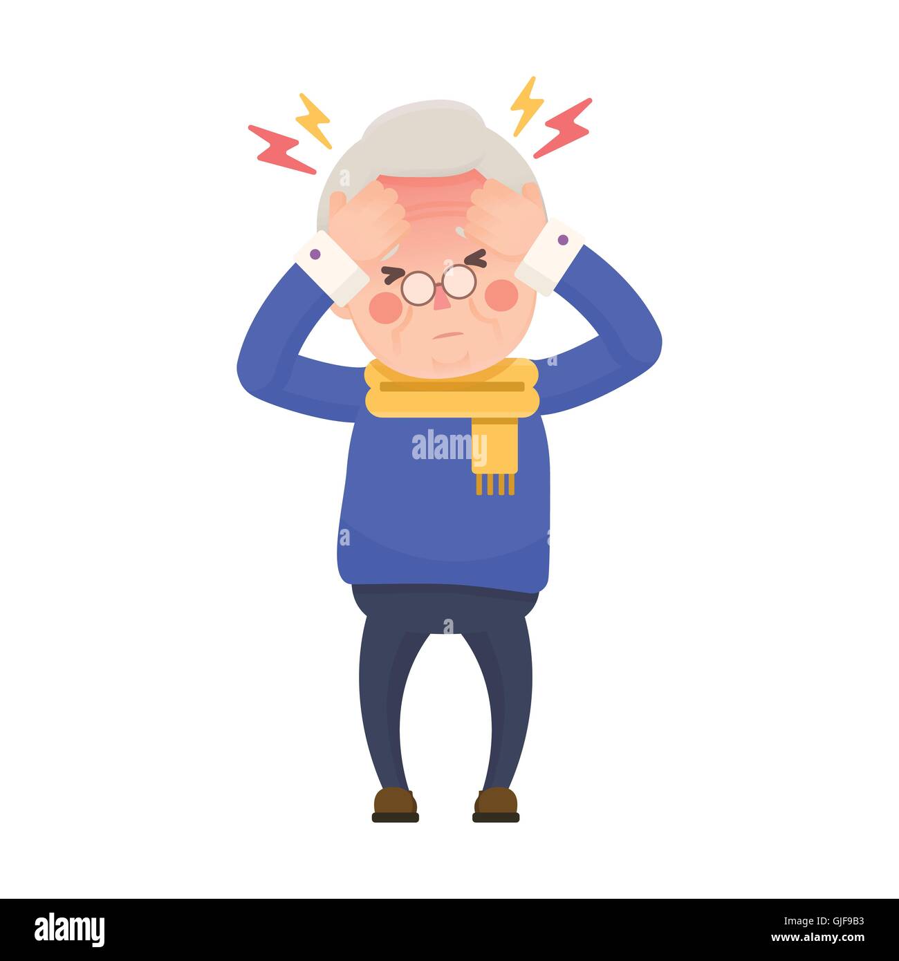 Vektor-Illustration von kranken alten Mann leiden unter Kopfschmerzen und Hochtemperatur Kopf in Händen hält. Cartoon-Figur. Stock Vektor