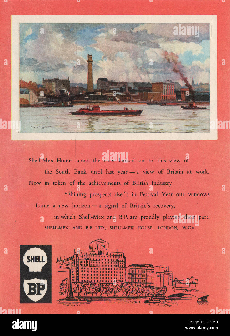 PETROCHEMIE-ANZEIGE. Shell-Mex Haus. BP-British Petroleum, alten Drucken 1951 Stockfoto