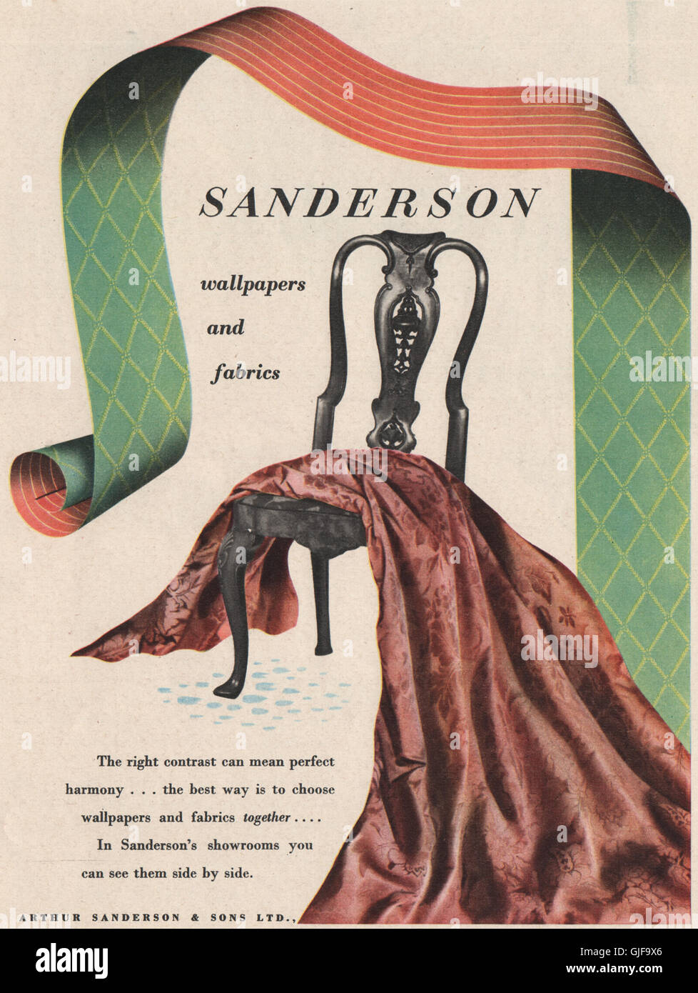 SANDERSON ANZEIGE. Arthur Sanderson Tapeten & Stoffe. Textilien, drucken 1951 Stockfoto