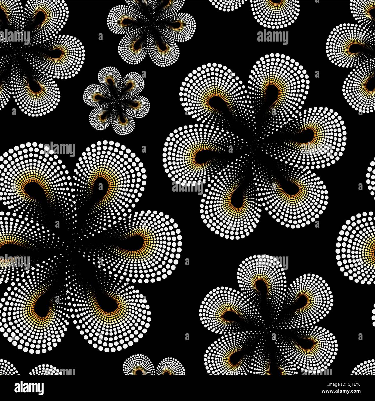 Nahtlose Muster mit weißen Tiaré-Blume. Punkte, gestrichelte Muster. Monoi Blume. Schwarzer Hintergrund. Stock Vektor