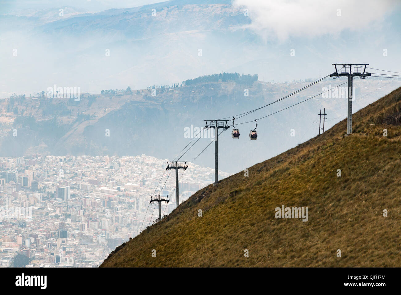 Die Teleférico ausgeführt vom Rand des auf der Ostseite des Berges Pichincha Quito, gehört zu den höchsten Arbeitsbühnen in der Welt. Stockfoto