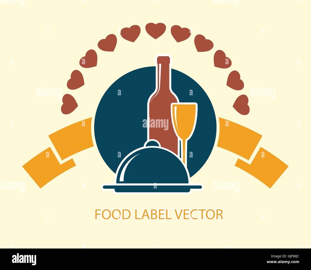 Lebensmittel-Etikett mit Wein, Flasche, Glas und Teller abstrakte Vektor-illustration Stock Vektor