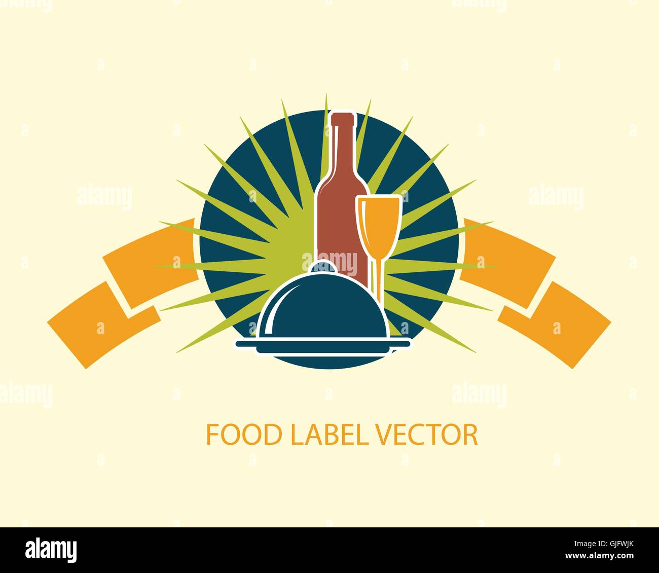 Lebensmittel-Emblem-Etikett mit Wein Flasche, Weinglas und Gericht abstrakte Vektor-illustration Stock Vektor