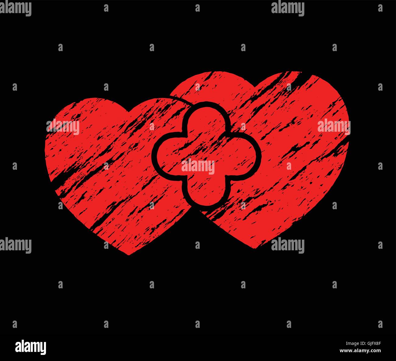 zwei rote Grunge-Herzen auf schwarzem Hintergrund abstrakt Vektor-illustration Stock Vektor