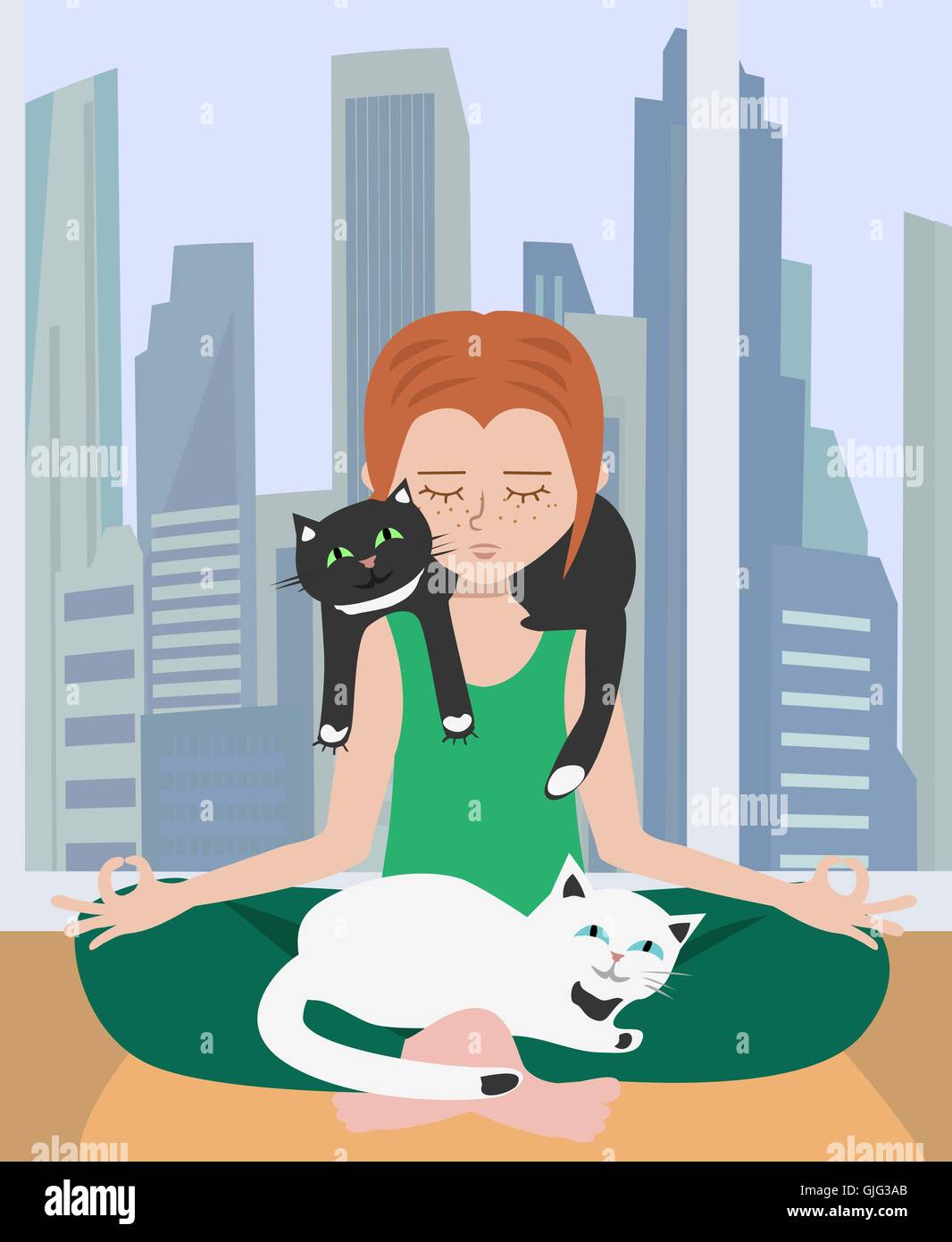 Yoga zu Hause mit Katzen - Bild zur Veranschaulichung Entspannung in stressige Atmosphäre machen Stock Vektor